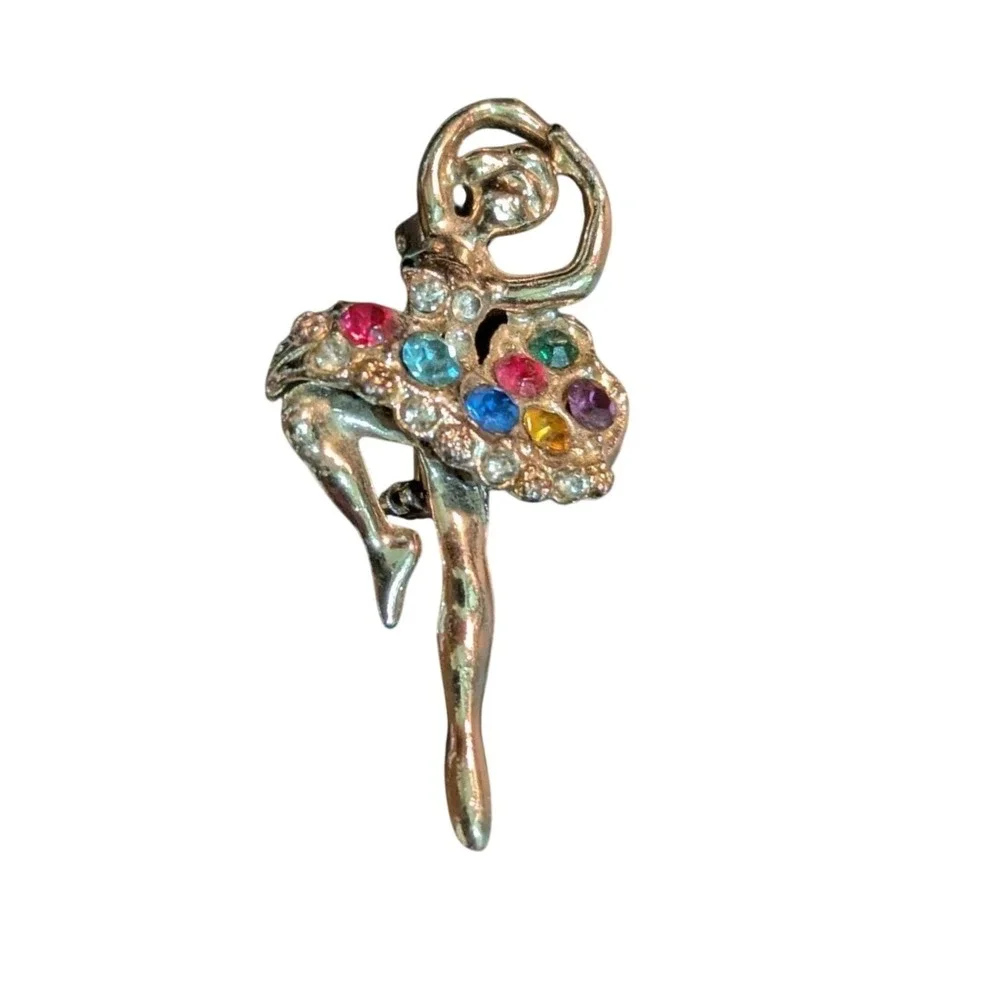 Vintage Gold Tone Ballerina Dancer Brooch Multi Color Rhinestone Tutu Pin 2